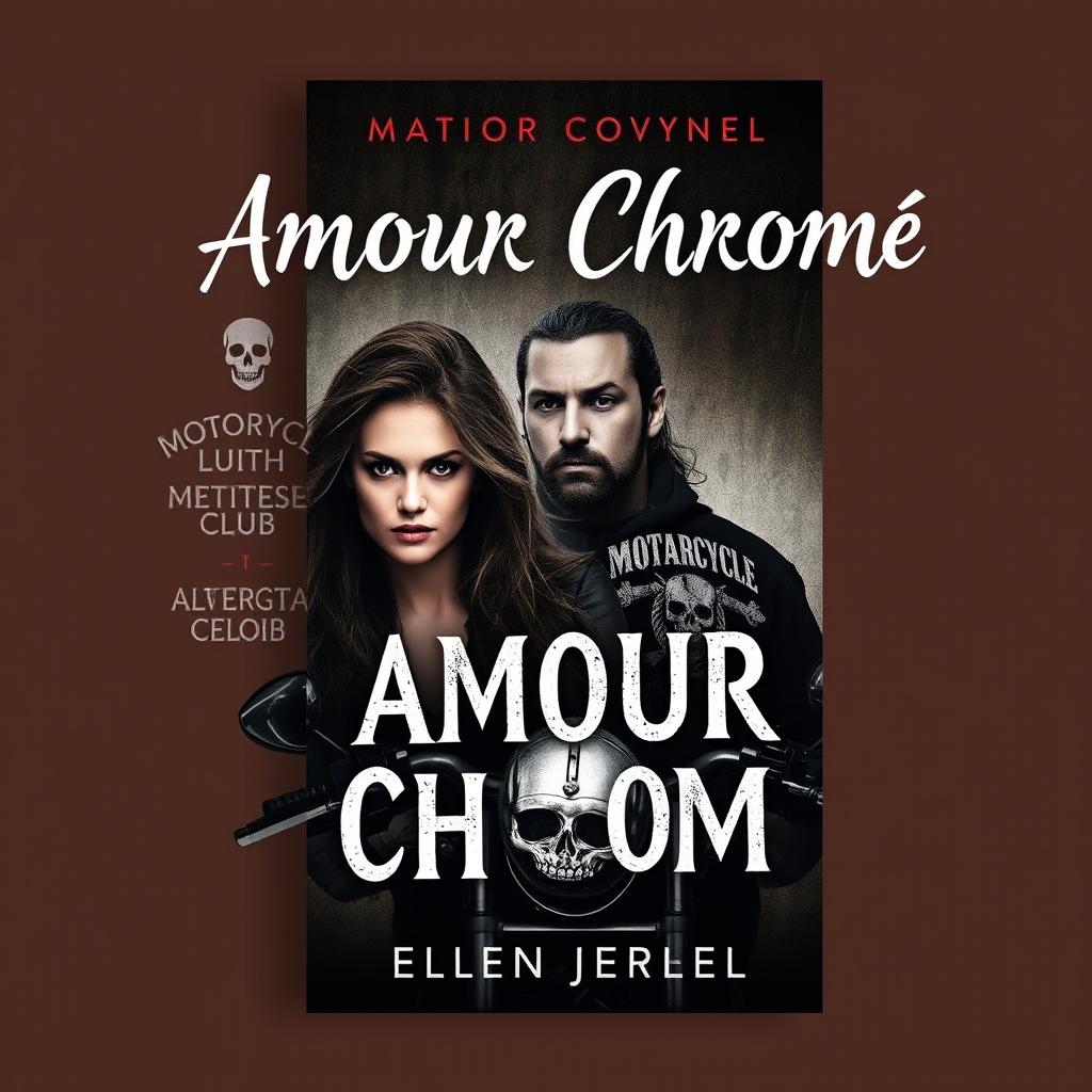 Create a book cover titled 'Amour Chromé' featuring a woman and a biker from a motorcycle club