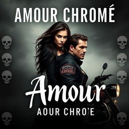 Create a book cover titled 'Amour Chromé' featuring a woman and a biker from a motorcycle club