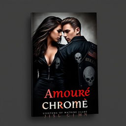 Create a book cover titled 'Amour Chromé' featuring a woman and a biker from a motorcycle club