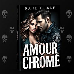 Create a book cover titled 'Amour Chromé' featuring a woman and a biker from a motorcycle club