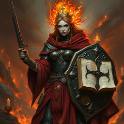 A fire genasi female cleric of a fire god, wearing dark colored metal armor and deep red robes covering parts of her armor