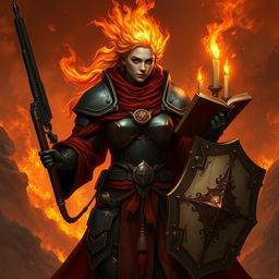 A fire genasi female cleric of a fire god, wearing dark colored metal armor and deep red robes covering parts of her armor