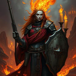 A fire genasi female cleric of a fire god, wearing dark colored metal armor and deep red robes covering parts of her armor