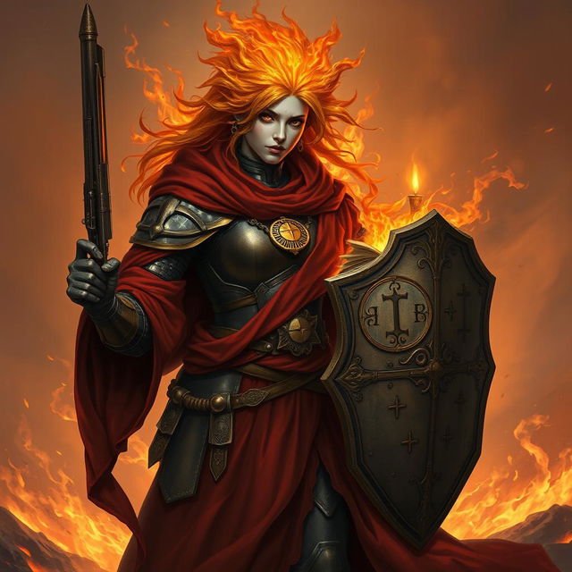 A fire genasi female cleric of a fire god, wearing dark colored metal armor and deep red robes covering parts of her armor