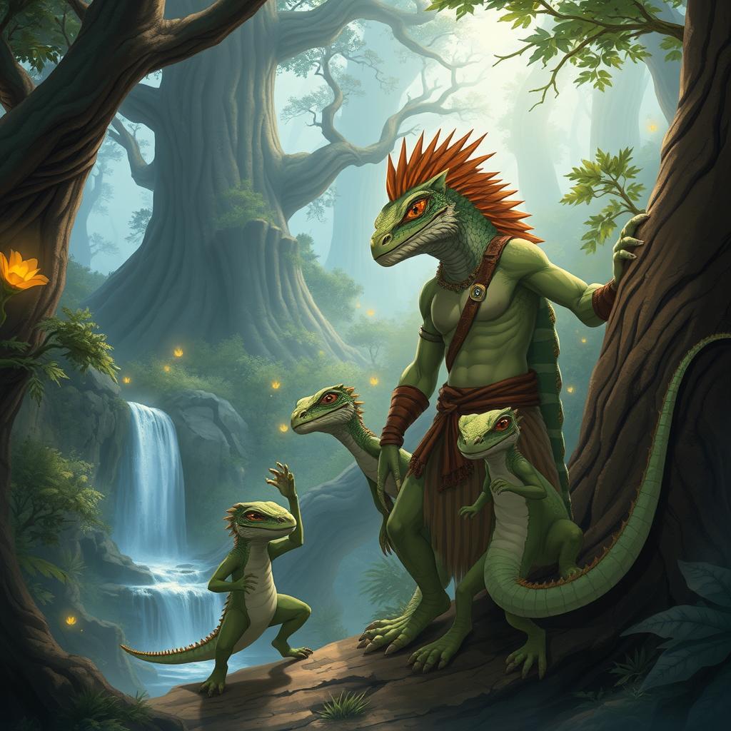 A heartwarming scene featuring an anime lizard beastman family in a mystical forest