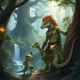 A heartwarming scene featuring an anime lizard beastman family in a mystical forest