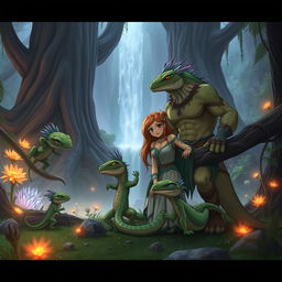 A heartwarming scene featuring an anime lizard beastman family in a mystical forest