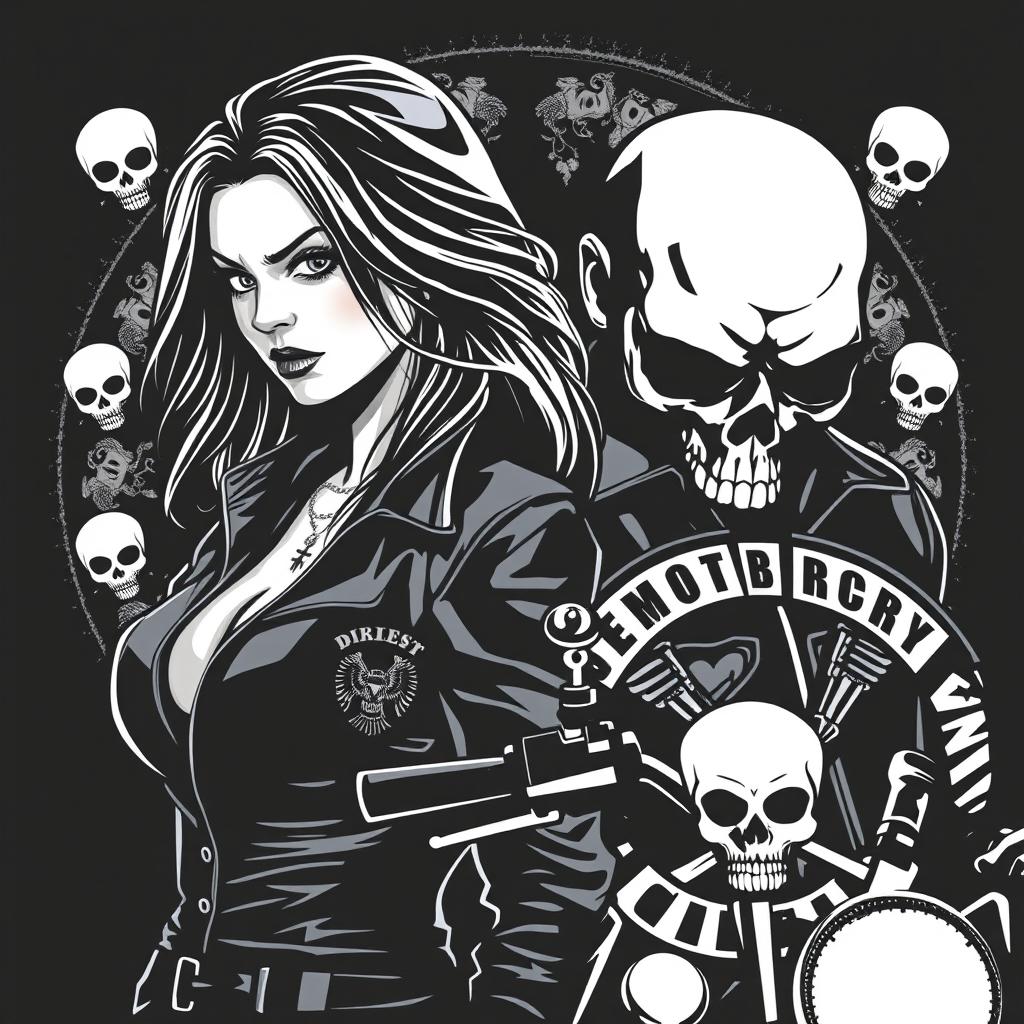 Create an image featuring a woman and a biker from a motorcycle club