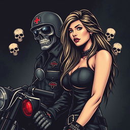 Create an image featuring a woman and a biker from a motorcycle club