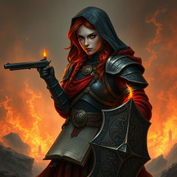 A fire genasi female cleric of a fire god, wearing dark colored metal armor and deep red robes covering parts of her armor