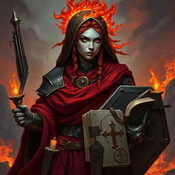 A fire genasi female cleric of a fire god, wearing dark colored metal armor and deep red robes covering parts of her armor