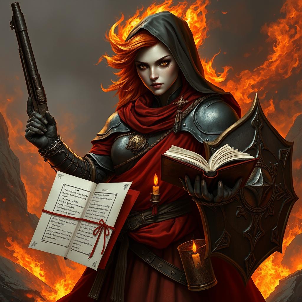 A fire genasi female cleric of a fire god, wearing dark colored metal armor and deep red robes covering parts of her armor