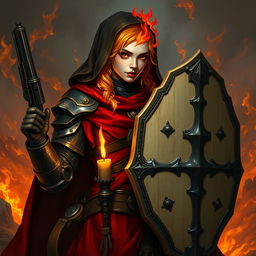 A fire genasi female cleric of a fire god, wearing dark colored metal armor and deep red robes covering parts of her armor