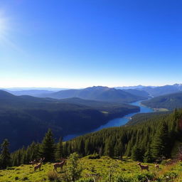 A beautiful landscape with mountains, rivers, and forests under a clear blue sky