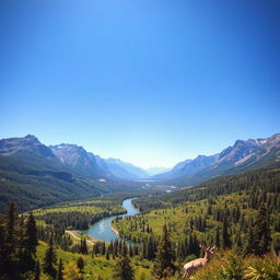 A beautiful landscape with mountains, rivers, and forests under a clear blue sky