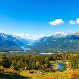 A beautiful landscape with mountains, rivers, and forests under a clear blue sky