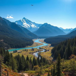 A beautiful landscape with mountains, rivers, and forests under a clear blue sky