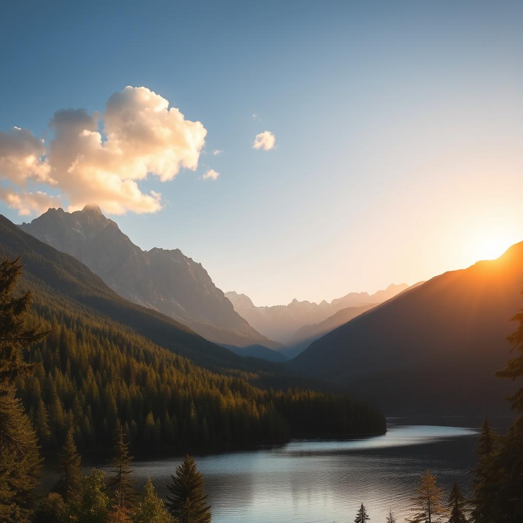 A beautiful landscape featuring a serene lake surrounded by lush green forests and majestic mountains in the background