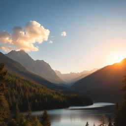 A beautiful landscape featuring a serene lake surrounded by lush green forests and majestic mountains in the background