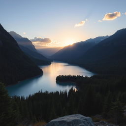 A beautiful landscape featuring a serene lake surrounded by lush green forests and majestic mountains in the background