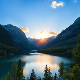 A beautiful landscape featuring a serene lake surrounded by lush green forests and majestic mountains in the background