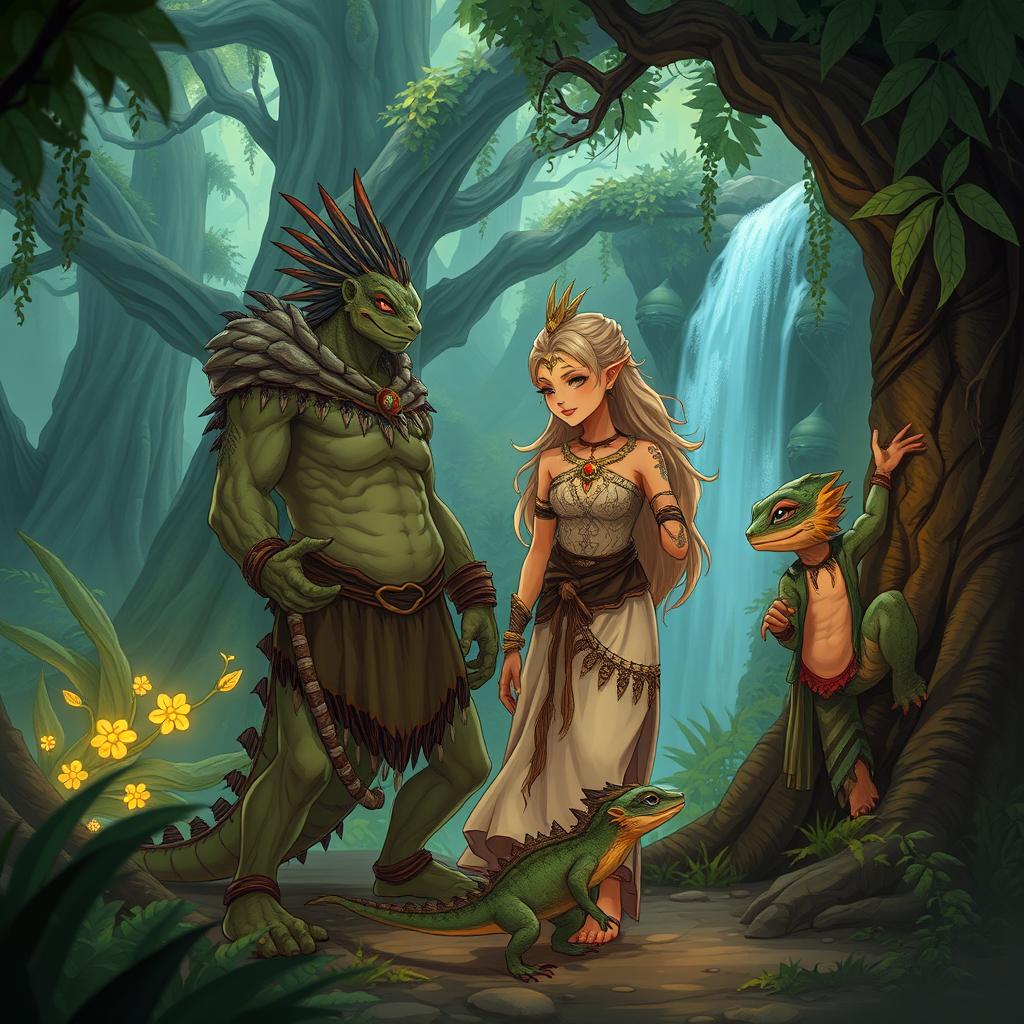 A touching scene featuring an anime lizard beastman family in a mystical jungle