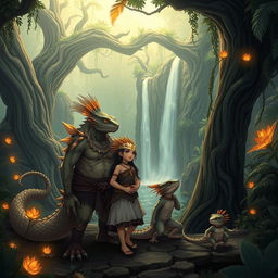 A touching scene featuring an anime lizard beastman family in a mystical jungle