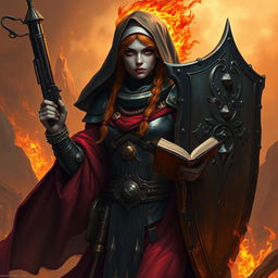 A fire genasi female cleric of a fire god, wearing dark colored metal armor and deep red robes covering parts of her armor