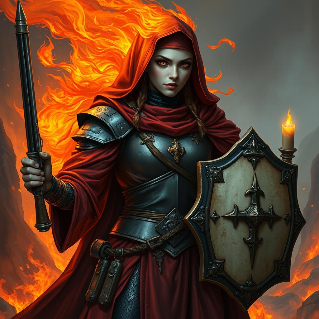 A fire genasi female cleric of a fire god, wearing dark colored metal armor and deep red robes covering parts of her armor