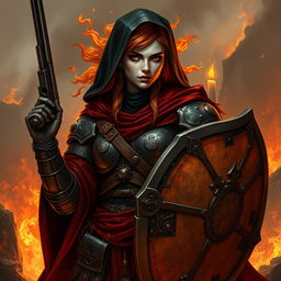 A fire genasi female cleric of a fire god, wearing dark colored metal armor and deep red robes covering parts of her armor