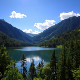 A beautiful landscape featuring a serene lake surrounded by lush green forests and majestic mountains in the background