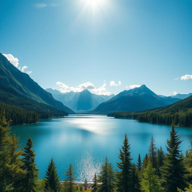 A beautiful landscape featuring a serene lake surrounded by lush green forests and majestic mountains in the background