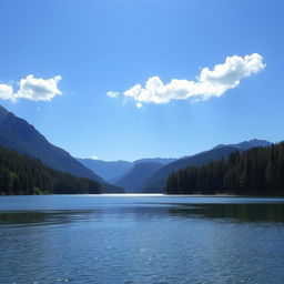 A beautiful landscape featuring a serene lake surrounded by lush green forests and majestic mountains in the background