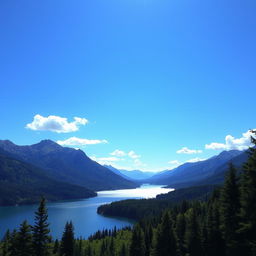 A beautiful landscape featuring a serene lake surrounded by lush green forests and majestic mountains in the background