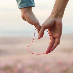 A delicate red thread, symbolizing the invisible red string of fate, intertwined between two people holding hands