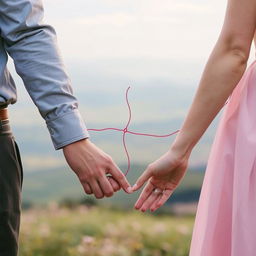 A delicate red thread, symbolizing the invisible red string of fate, intertwined between two people holding hands