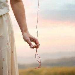 A delicate red thread, symbolizing the invisible red string of fate, intertwined between two people holding hands