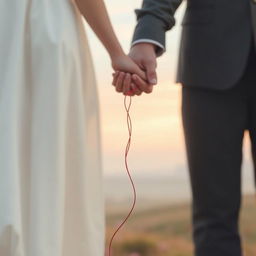 A delicate red thread, symbolizing the invisible red string of fate, intertwined between two people holding hands