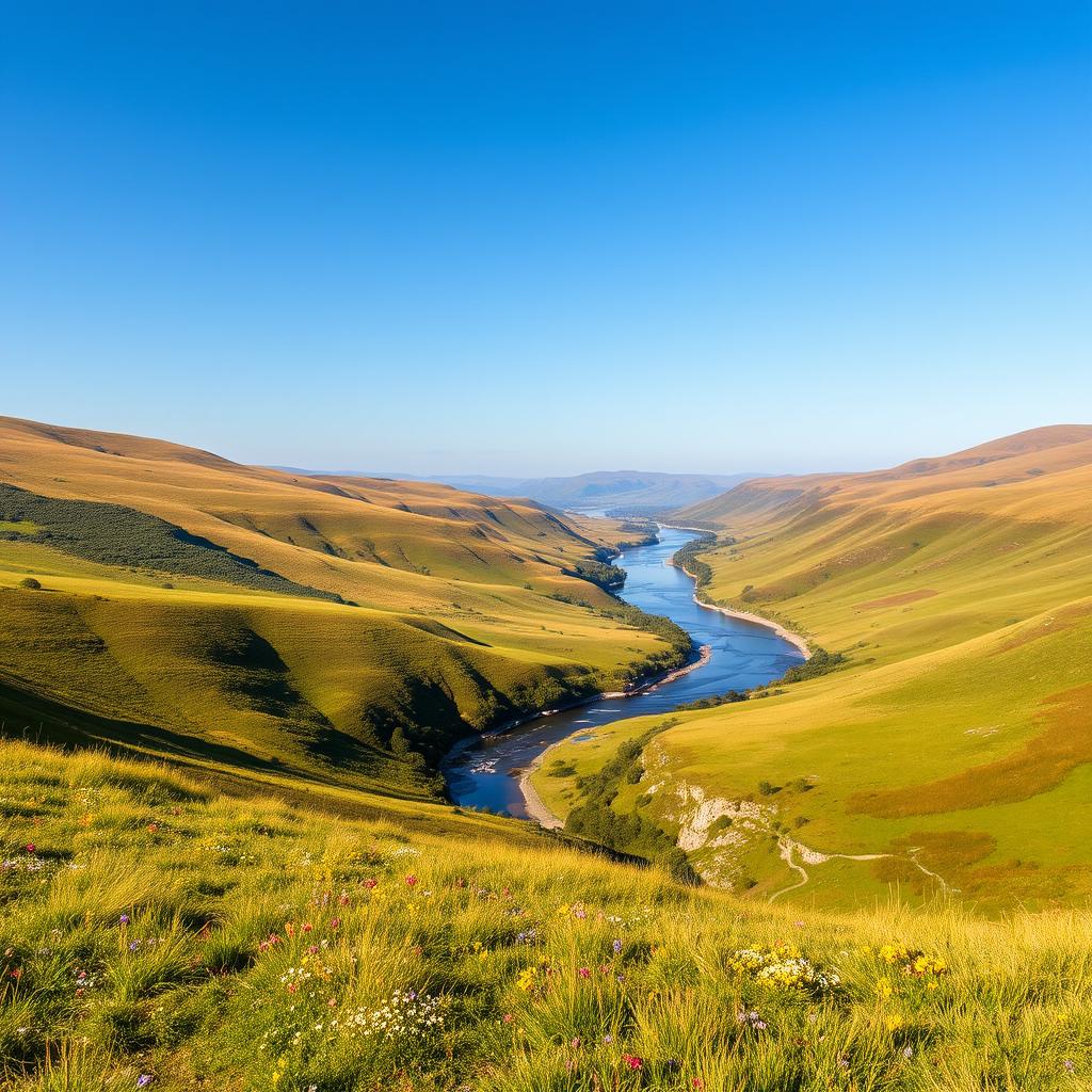 A beautiful landscape with rolling hills, a clear blue sky, and a serene river flowing through the valley