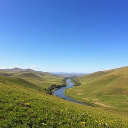 A beautiful landscape with rolling hills, a clear blue sky, and a serene river flowing through the valley