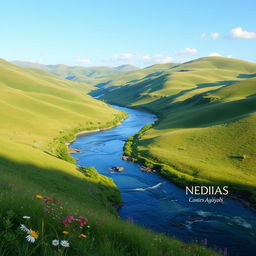 A beautiful landscape with rolling hills, a clear blue sky, and a serene river flowing through the valley