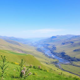 A beautiful landscape with rolling hills, a clear blue sky, and a serene river flowing through the valley