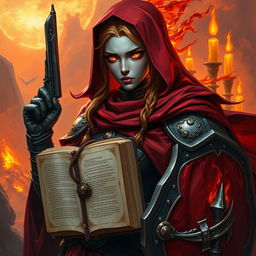 A fire genasi female cleric of a fire god, wearing dark colored metal armor and deep red robes covering parts of her armor