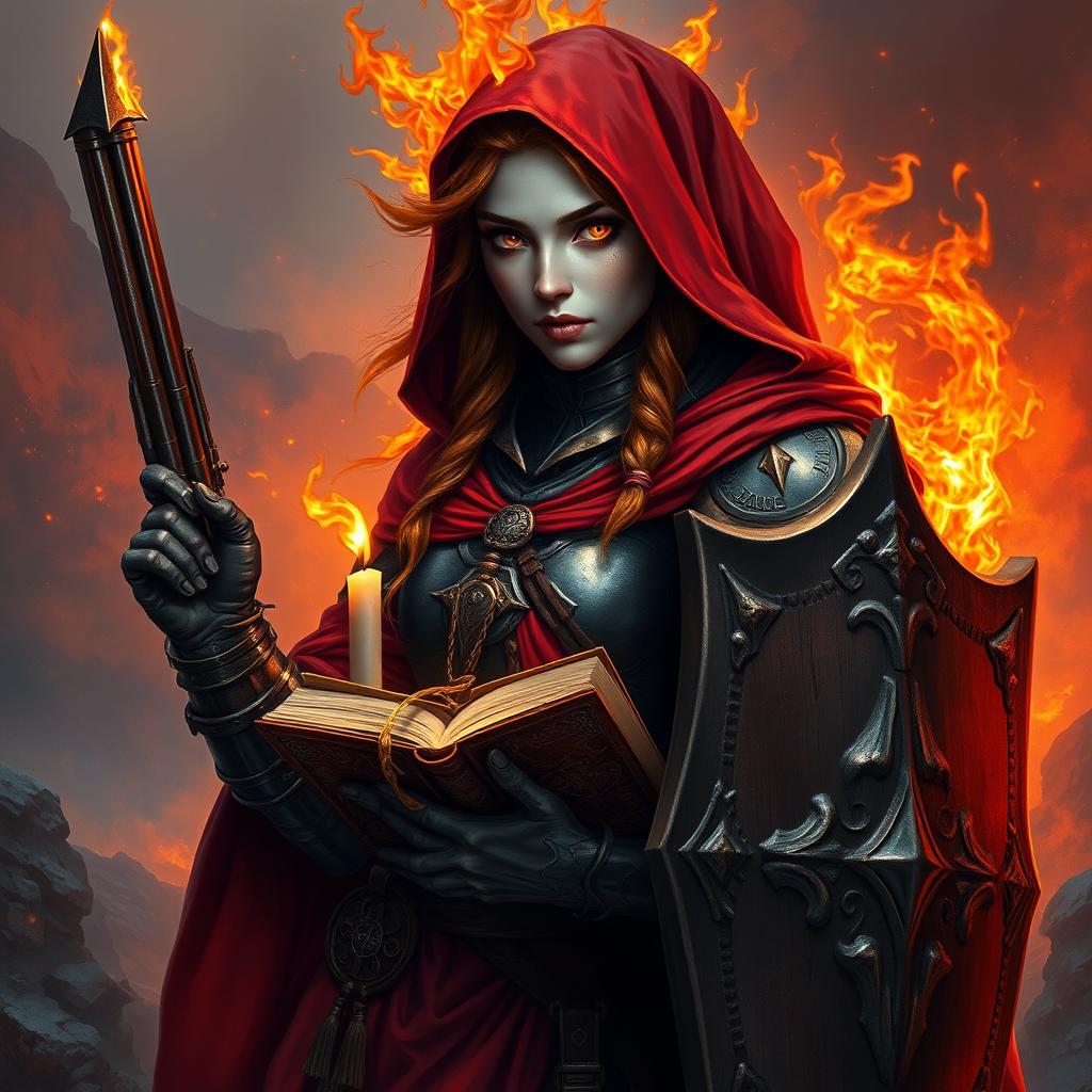 A fire genasi female cleric of a fire god, wearing dark colored metal armor and deep red robes covering parts of her armor