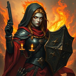 A fire genasi female cleric of a fire god, wearing dark colored metal armor and deep red robes covering parts of her armor