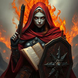 A fire genasi female cleric of a fire god, wearing dark colored metal armor and deep red robes covering parts of her armor