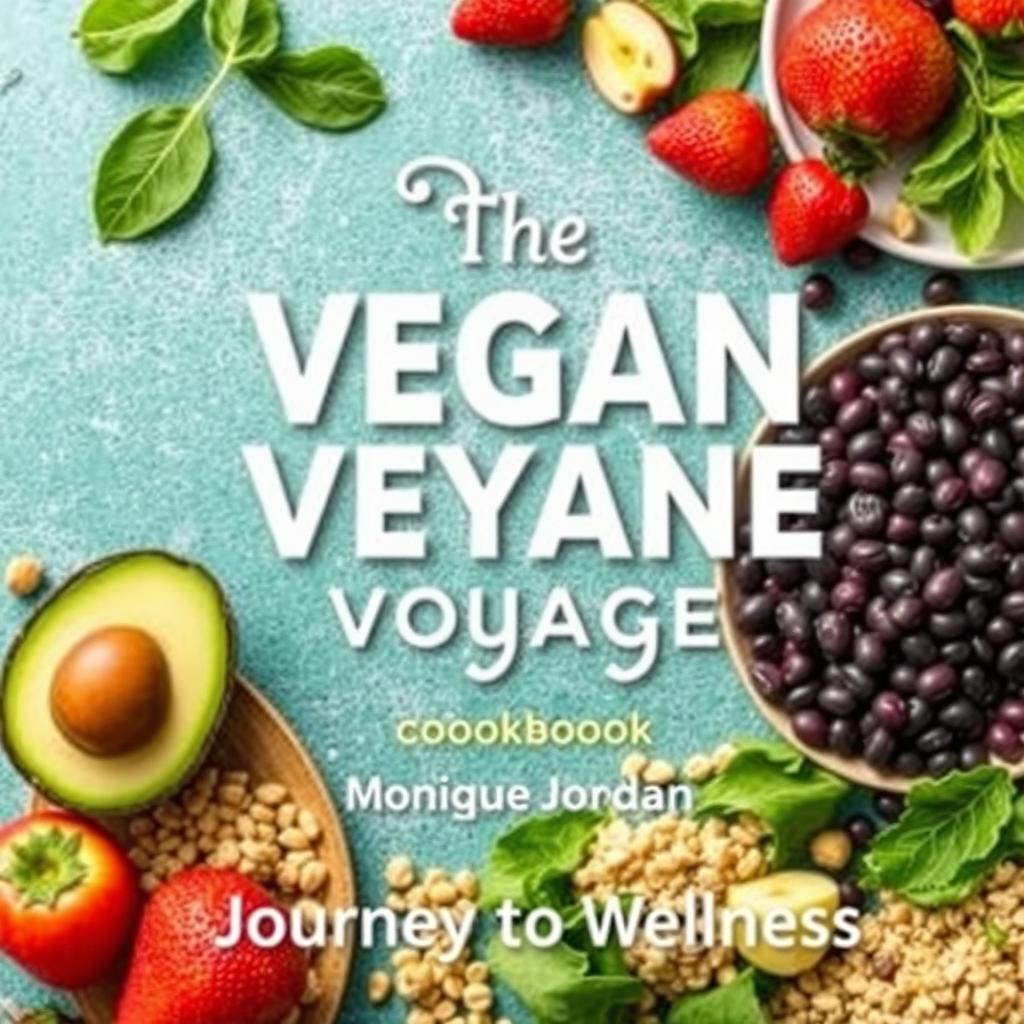 Create a colorful cover for a vegan cookbook titled 'The Vegan Voyage' by Monique Jordan