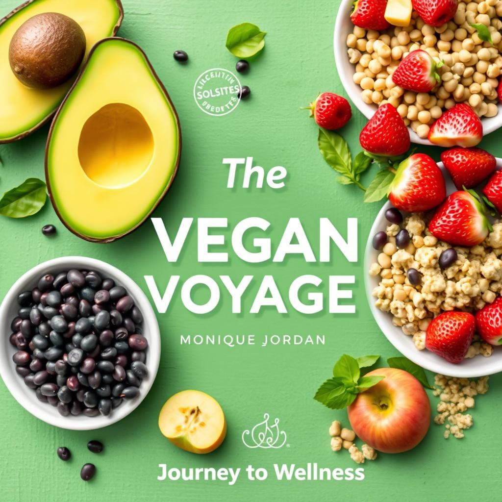 Create a colorful cover for a vegan cookbook titled 'The Vegan Voyage' by Monique Jordan