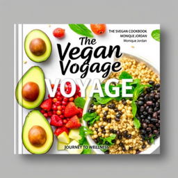 Create a colorful cover for a vegan cookbook titled 'The Vegan Voyage' by Monique Jordan