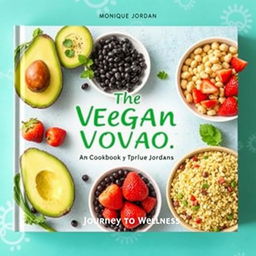 Create a colorful cover for a vegan cookbook titled 'The Vegan Voyage' by Monique Jordan